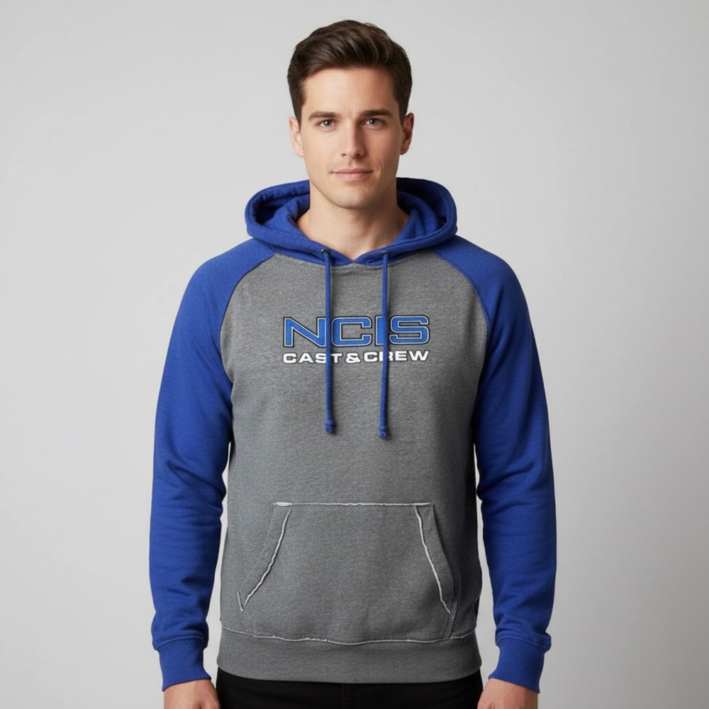NCIS Cast & Crew Hoodie J.America Gray Blue Raglan NWT Large‎ Rare TV Production